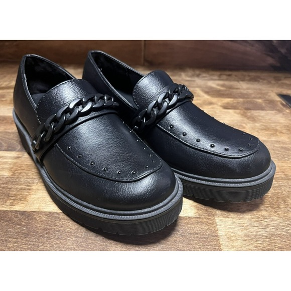 Report Hayden Black Platform Loafers Faux Leather Chunky Chain‎ Women's Size 7.5 - Picture 1 of 11